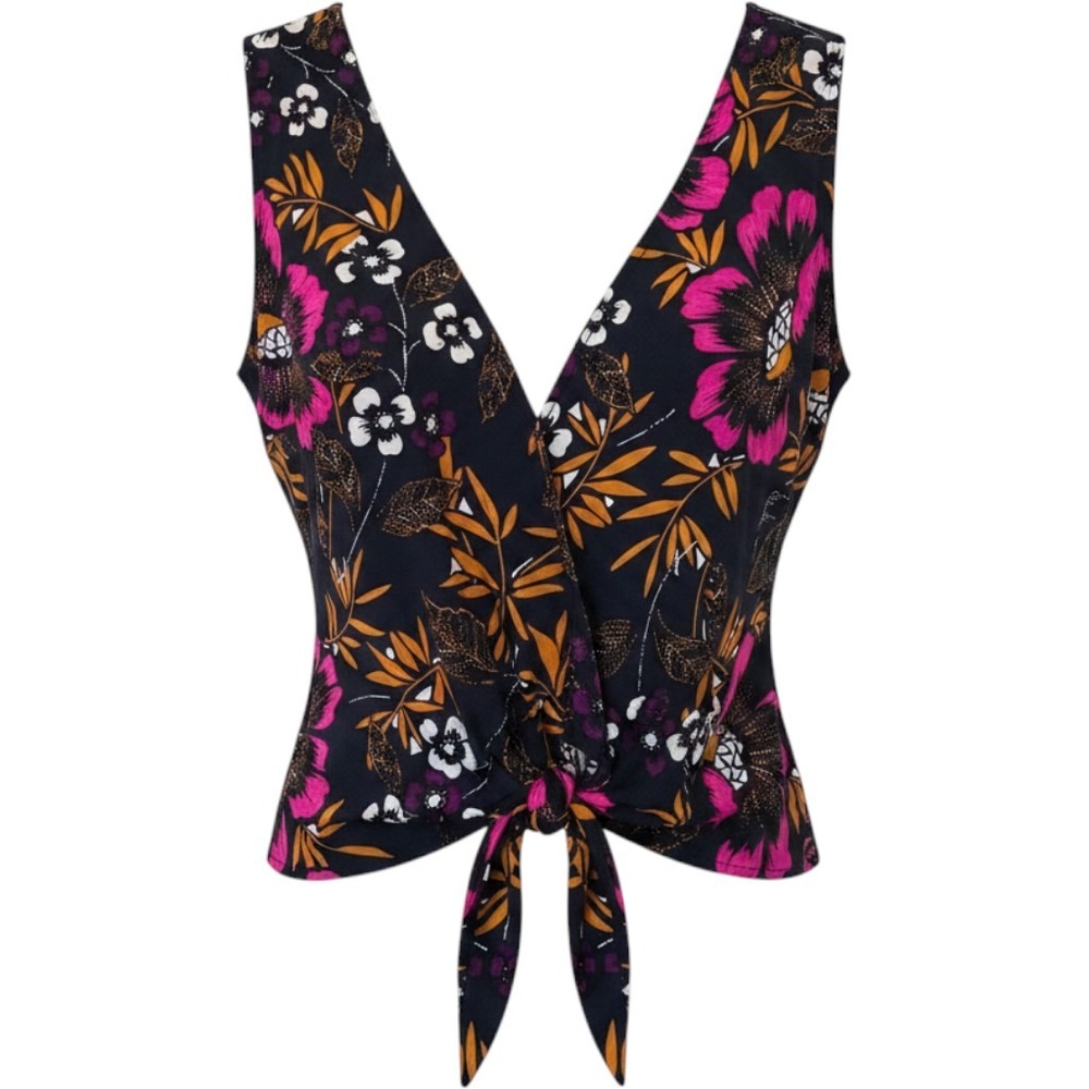A New Day Floral Sleeveless Wrap Tie Front Blouse Pink Mustard Navy Medium NWT